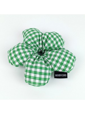 Woodycord El Yapımı Elyaf Dolgulu Scrunchie Topuz Tokası Yeşil Beyaz Pötikare