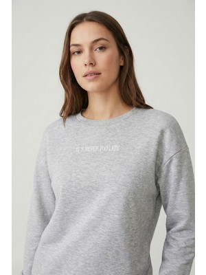 Defy's Kadın İçi Polarlı 3 İplik Pamuklu Regular Fit Bisiklet Yaka Gri Melanj Sweatshirt