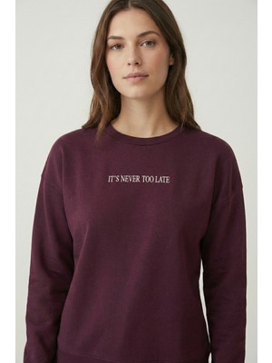 Defy's Kadın İçi Polarlı 3 İplik Pamuklu Regular Fit Bisiklet Yaka Bordo Sweatshirt