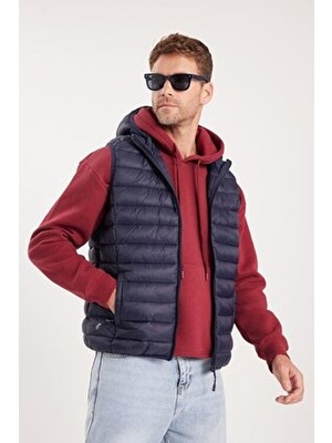 Tudors Erkek Relax Fit Rahat Kesim Sıfır Kol Kapüşonlu Çift Cep Fermuarlı Sıcak Tutan Lacivert Şişme Yelek