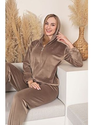 Asel Kadın Kapşonlu Kahverengi Renk Kadife Uzun Kollu Lastikli Takımı