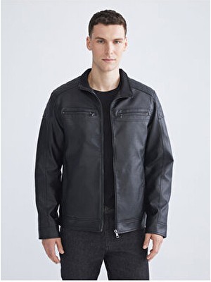 LC Waikiki Siyah Standart Kalıp Erkek Deri Görünümlü Ceket