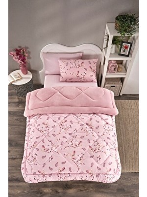 Marla Home Tek Kişilik Welsoft Yorgan Uyku Seti Pembe Çiçek Desenli Lastikli Çarşaflı Bahar