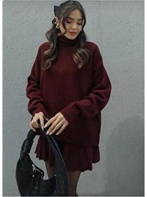 Nzl Tekstil Dgn's 2'li Piliseli Etek - Boğazlı Kazak Kadın Triko Etekli Alt Üst Takım