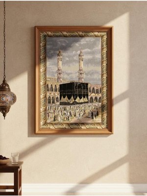 BELIEVE KABE UMRE HAC ZİYARETİ JAKARLI  DOKUMA  GOBLEN DEKORATİF ÇERÇEVESİZ PANO TABLO 70*100