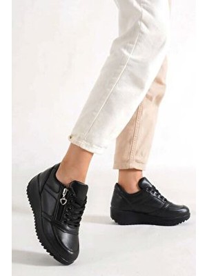 Sefayol Destry Siyah Mat Deri Fermuarlı Bağcıklı Kadın Spor Ayakkabı