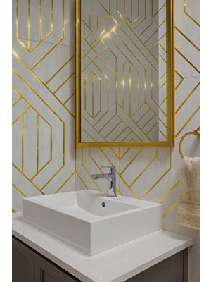 Ukab Dekor 30X60 cm Kendinden Yapışkanlı Esnek Köpük Gold Şeritli Pvc Mermer Panel Banyo Wc Mutfak TJ011