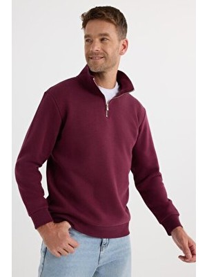 Tudors Unisex Relax Fit Rahat Kesim Pamuklu İçi Polarlı Yarım Fermuarlı Bordo Dik Yaka Sweatshirt