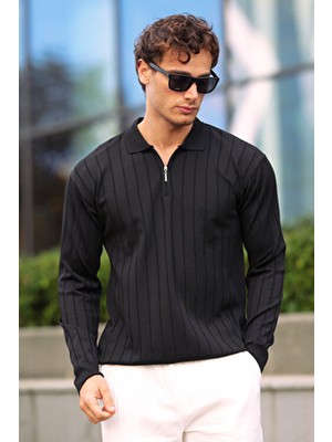 Aziso Siyah Erkek Polo Yaka Yarım Fermuarlı Triko Kazak