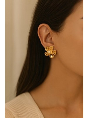 Kokoş Çelik Küpe Inci Detay Çiçekli Gold