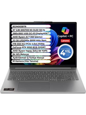 Lenovo Ideapad Pro 5 Amd Ryzen Aı 7 350 32 GB 1 Tb SSD Rtx 5050 8 GB Gddr7 Freedos 16 Inç 2.8k OLED 83JN003BTR
