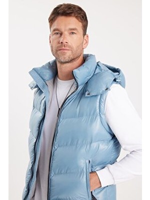 Tudors Erkek Standart Fit Normal Kesim Sıfır Kol Çift Cepli Fermuarlı Sıcak Tutan Mavi Şişme Yelek