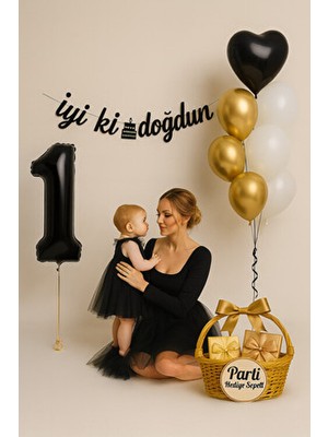 Parti Hediye Sepeti 1 Yaş Doğum Günü Balon Seti Siyah Gold Beyaz | Rakam Folyo ve Siyah Kalp Balon Dahil