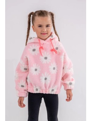 Eray Kids Kız Çocuk Papatya Desenli Oversize Pelüş Kapüşonlu Sweatshirt