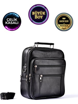 Cüzcan Erkek Siyah Çelik Kasalı Hakiki Deri El ve Omuz Çantası Ayarlanabilir Askılı( Büyük Boy)