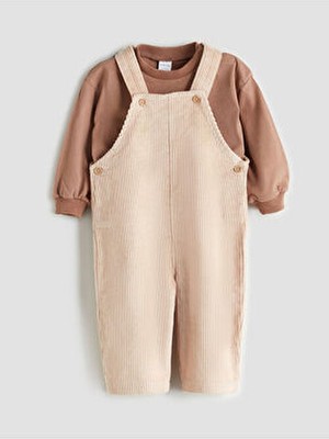 LC Waikiki Bej Bisiklet Yaka Erkek Bebek Tişört ve Salopet 2'li