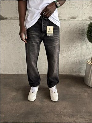 KağanKY Kadın Baggy Fit Füme Taşlamalı Jean Beyaz Dikişli Denim 5 Cep Özellikli Model