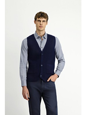 Kiğılı Koyu Lacivert V Yaka Triko Yelek Erkek Regular Fit Cepli Desenli Stil