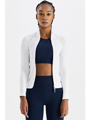 Dikişsiz Fermuarlı Spor Ceket Beyaz