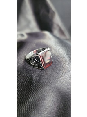 Jane Silver 925 Ayar Gümüş Kırmızı Zirkon Taşlı Erkek Yüzük