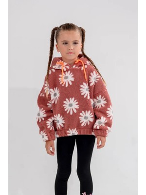 Eray Kids Kız Çocuk Papatya Desenli Oversize Pelüş Kapüşonlu Sweatshirt