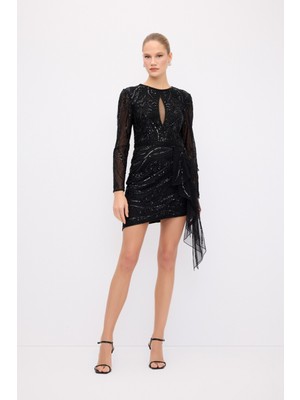 Boncuk Işlemeli Asimetrik Elbise Siyah 12444626000