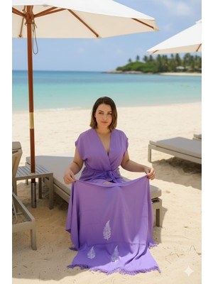 Nevin Acar Yaprak Kimona Kolsuz Peştemal Plaj Bornozu ve Peşremal 2'li Set