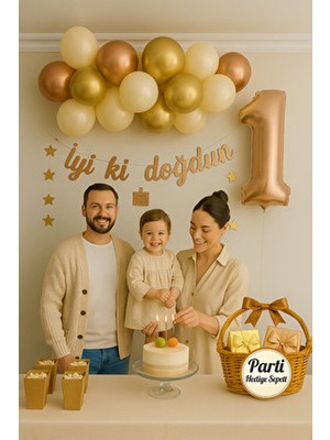 Parti Hediye Sepeti 1 Yaş Doğum Günü Balon Seti Rosegold Gold Beyaz | Rakam Folyo ve Iyi Ki Doğdun Yazısı Dahil