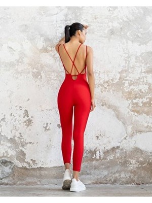 Tükato Kadın Kırmızı Sırt Dekolteli Çapraz Bant Askılı Dar Kesim Toparlayıcı Yoga Pilates Tayt Spor Tulum