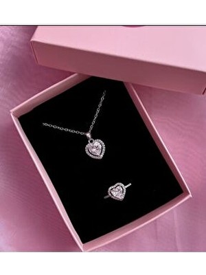 Le Manolia Accessories Zirkon Kalp Kolye Yüzük Seti Pembe Çelik Modern Tasarım Sevgililer Günü Hediye