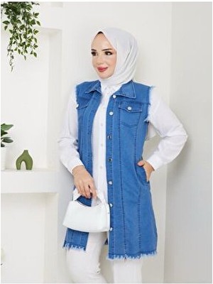 Kadın Tesettür Cepli Şık Rahat Yumuşak Kot Yelek