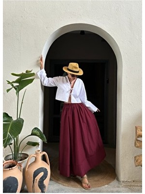 Minaaise Bordo Poplin Beli Lastikli Uzun Etek 27321