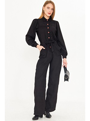 Armonika Kadın Siyah Önden Düğmeli Cepli Kuşaklı Kadife Tulum ARM-25K001084