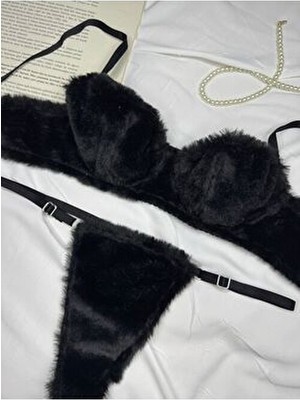 Rozenin Lingerie Siyah Yumuşak Dokulu Peluş İç Çamaşır Takımı Düz Desenli Kadınlar İçin