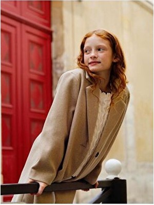LC Waikiki Kız Çocuk Kaşe Kaban Bej Renk Oversize Casual Stil Uzun Kol