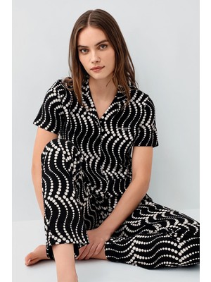 Pierre Cardin Kadın Siyah Gömlek Pijama Takım Pamuklu İnce Kumaşlı Rahat Tasarım