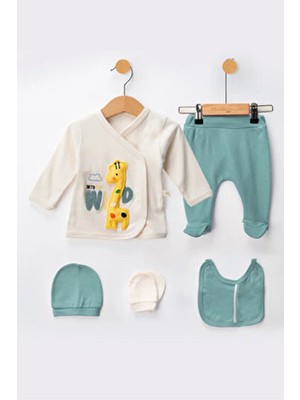 Organik Erkek Bebek Zürafa Desenli 5'li Tulum Hastane Çıkışı Yenidoğan Kıyafet Mama Önlüğü