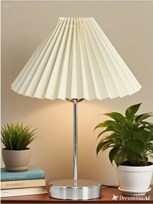 Evlight Liora Metal Gümüş Ayaklı Pileli Beyaz Kumaş Komidin Başı Abajur