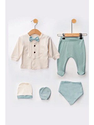 Organik Erkek Bebek Papyon Desenli 5'li Tulum Hastane Çıkışı Yenidoğan Kıyafet Mama Önlüğü