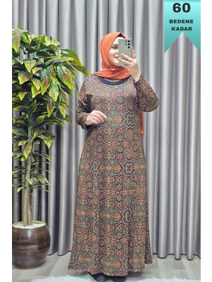 Elmas Tesettür Kadın Giyim Büyük Beden Etnik Desenli Yakası Taşlı Elbise