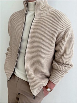 Tarz Cool Erkek Dik Yaka Fermuarlı Slim Fit Triko Hırka