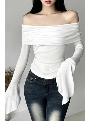 İsra Ayyıldız Moonstar Collection Beyaz Madonna Yaka Ispanyol Kol Y2K Uzun Kollu Crop Bluz