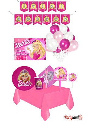 Barbie 8 Kişilik Parti Seti Pembe Renkli Doğum Günü Eğlencesi için Özel Ebatlar