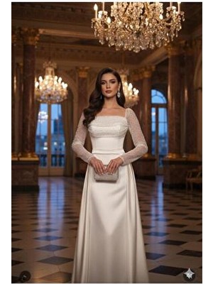Beyaz Renk Saten,takma Etekli,boncuklu Kumaştan,söz Nişan Nikah Elbisesi