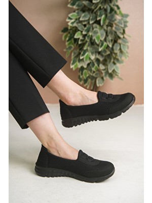 Craftique Siyah Kadın Yazlık Memory Foam Bağcıksız Ipli Hafif Rahat Tabanlı Yürüyüş Spor Babet Ayakkabı