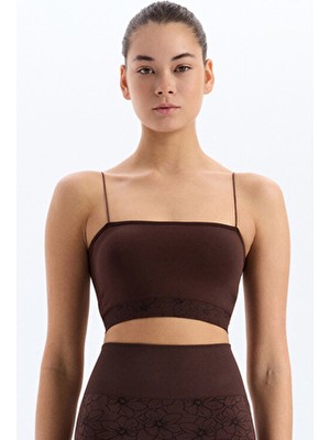 Jakarlı Çiçek Desenli Ip Askılı Sporcu Bra Kakao Kahve