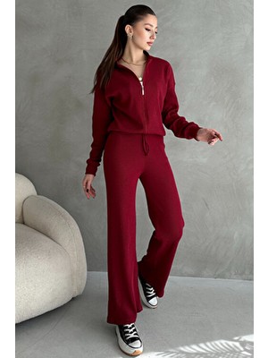 Bordo Kaşkorse Pantolon Bomber Ceket Kadın Alt Üst Takım