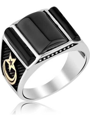 Gumush Gümüş Siyah Taşlı Ay Yıldız Erkek Yüzük