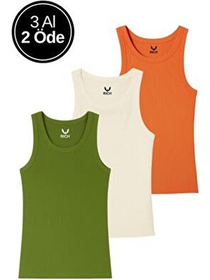 Rich Kadın 3'lü Paket Turuncu-Krem-Yeşil Sıfır Kol Kaşkorse Body - Bisiklet Yaka %100 Pamuk Atlet Bluz