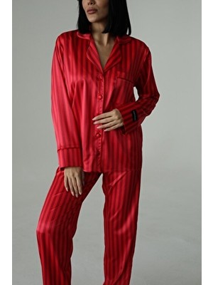 Coccolarsi Strisce Rosse Bordeaux Saten Uzun Pijama Takımı (Geniş Beden Aralığı)